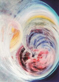 »Die Geburt der Erde«, 240 x 175 cm. 2004. In Privatsammlung St. Moritz, Rot ist das Symbol konzentrierter Energie. Die Farbspirale wächst. Millionen von Jahren vergehen. Wasser und Land wird sichtbar. Links die Sonne. Aus ihr wird die Erde, symbolisch als Ei, in das Universum geboren und mit tiefem Nachtblau umhüllt. Diese Werk wurde im November 2005 mit weiteren 50 Gemälden in der renommierten la Colombe d'Or Art Galerie in Houston und anschliessend in Houston Down-Town präsentiert.